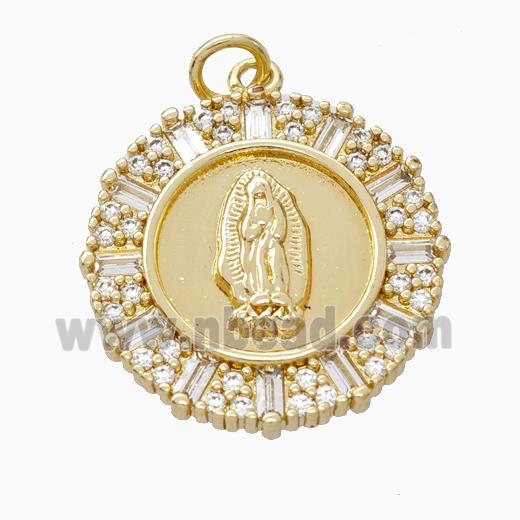 Virgin Mary Charms Copper Pendant Pave Zirconia Circle Gold Plated