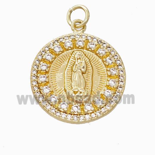 Virgin Mary Charms Copper Pendant Pave Zirconia Circle Gold Plated