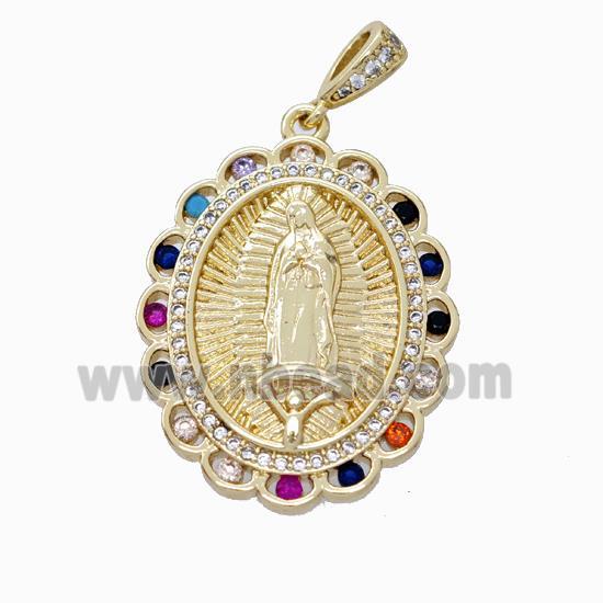 Virgin Mary Charms Copper Oval Pendant Pave Zirconia Gold Plated