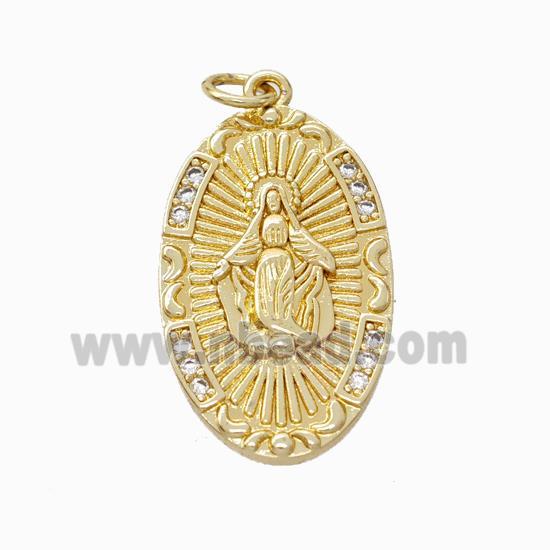 Virgin Mary Charms Copper Pendant Pave Zirconia Oval Gold Plated