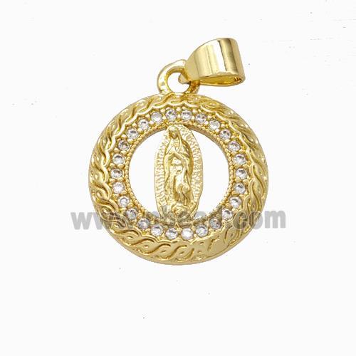 Virgin Mary Charms Copper Pendant Pave Zirconia Circle Gold Plated