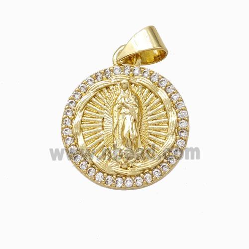 Virgin Mary Charms Copper Pendant Pave Zirconia Circle Gold Plated