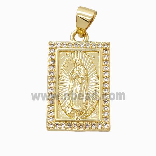 Virgin Mary Charms Copper Rectangle Pendant Pave Zirconia Gold Plated