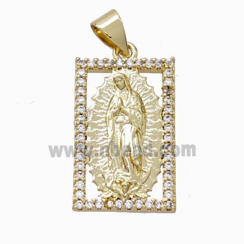 Virgin Mary Charms Copper Rectangle Pendant Pave Zirconia Gold Plated