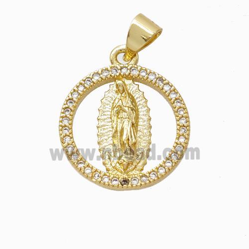 Virgin Mary Charms Copper Circle Pendant Micropave Zirconia Gold Plated