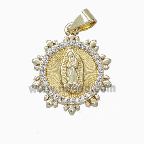 Virgin Mary Charms Copper Circle Pendant Micropave Zirconia Gold Plated