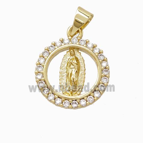 Virgin Mary Charms Copper Circle Pendant Micropave Zirconia Gold Plated