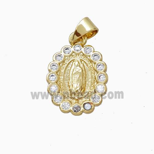 Virgin Mary Charms Copper Oval Pendant Micropave Zirconia Gold Plated