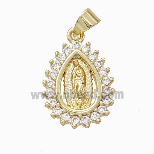 Virgin Mary Charms Copper Teardrop Pendant Micropave Zirconia Gold Plated