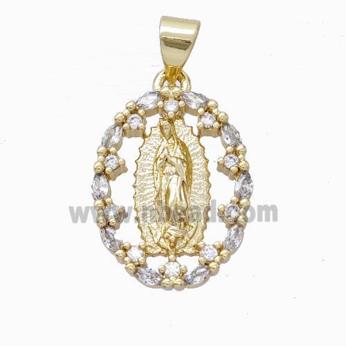 Virgin Mary Charms Copper Oval Pendant Micropave Zirconia Gold Plated