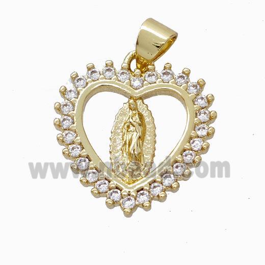 Virgin Mary Charms Copper Heart Pendant Micropave Zirconia Gold Plated