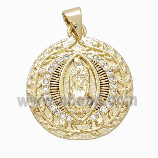 Virgin Mary Charms Copper Circle Pendant Micropave Zirconia Gold Plated