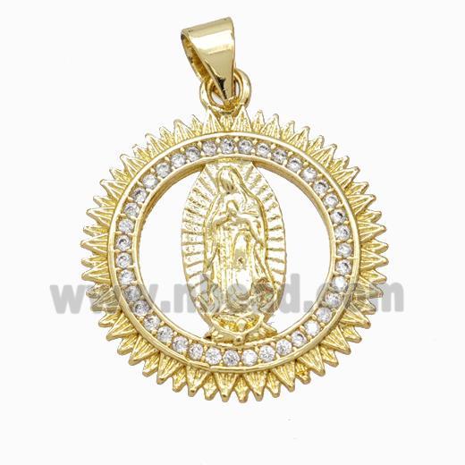 Virgin Mary Charms Copper Circle Pendant Micropave Zirconia Gold Plated