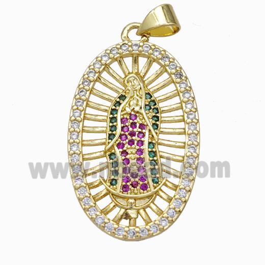 Jesus Charms Copper Pendant Pave Zirconia Oval Gold Plated