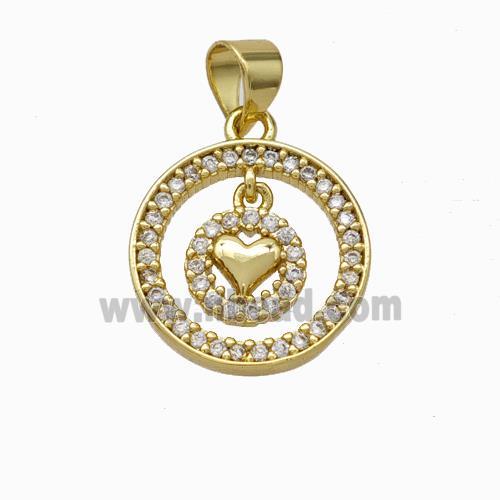 Copper Circle Pendant Micropave Zirconia Heart Gold Plated