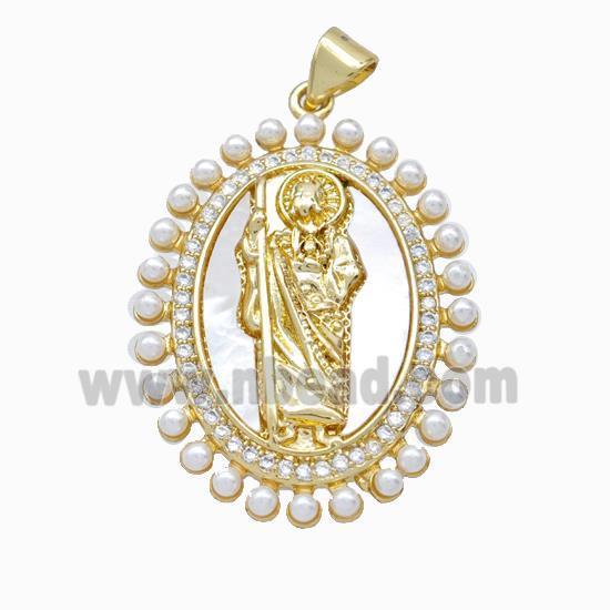 Saint Jude Charms Copper Pendant Pave Zirconia Shell Resin 18K Gold Plated