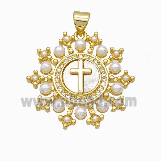 Copper Cross Pendant Pave Zirconia Shell Resin 18K Gold Plated