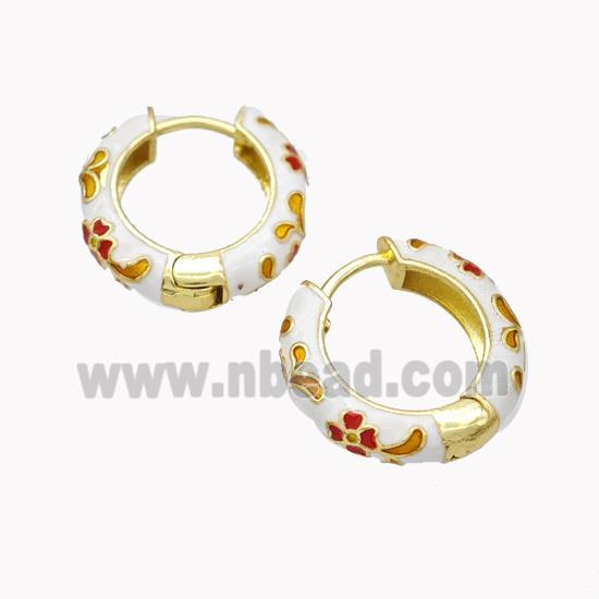 Copper Hoop Earrings White Enamel Flower Gold Plated