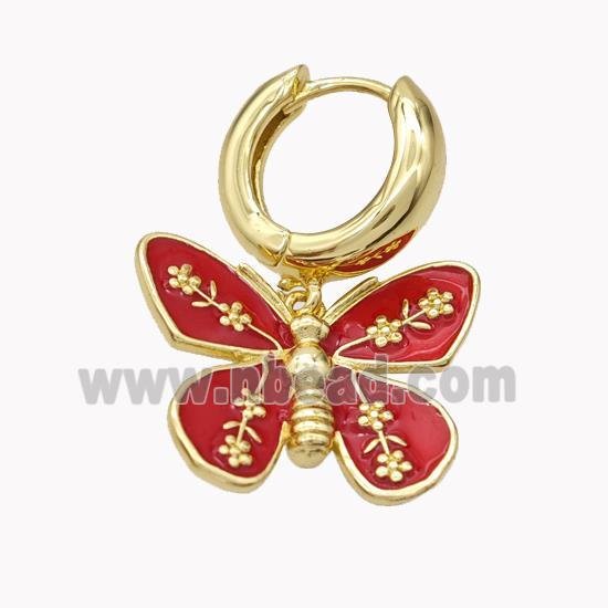 Copper Hoop Earrings With Butterfly Red Enamel Gold Plated