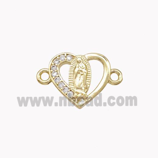 Virgin Mary Charms Copper Heart Connector Pave Zirconia Gold Plated