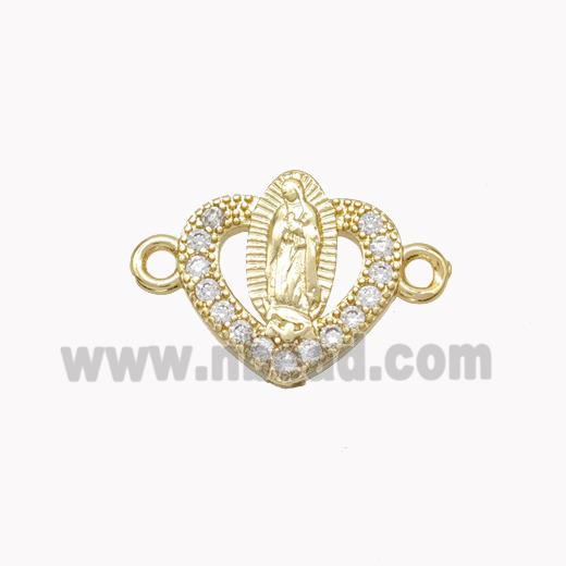 Virgin Mary Charms Copper Heart Connector Pave Zirconia Gold Plated