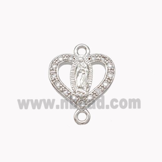 Virgin Mary Charms Copper Heart Connector Pave Zirconia Platinum Plated