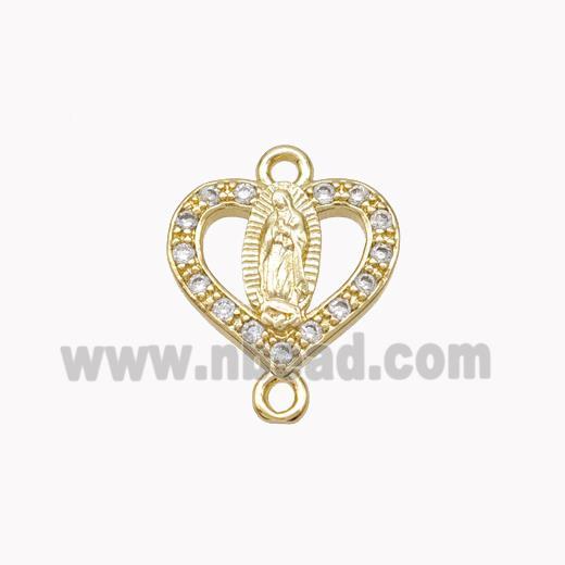 Virgin Mary Charms Copper Heart Connector Pave Zirconia Gold Plated