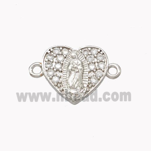 Virgin Mary Charms Copper Heart Connector Pave Zirconia Platinum Plated