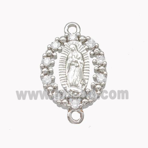 Virgin Mary Charms Copper Oval Connector Pave Zirconia Platinum Plated