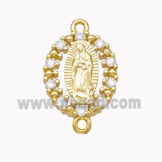 Virgin Mary Charms Copper Oval Connector Pave Zirconia Gold Plated