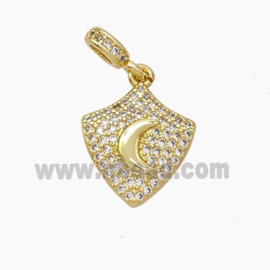 Copper Shield Pendant Pave Zirconia Moon Gold Plated