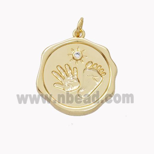 Copper Hand Footprint Pendant Pave Zirconia Circle Gold Plated