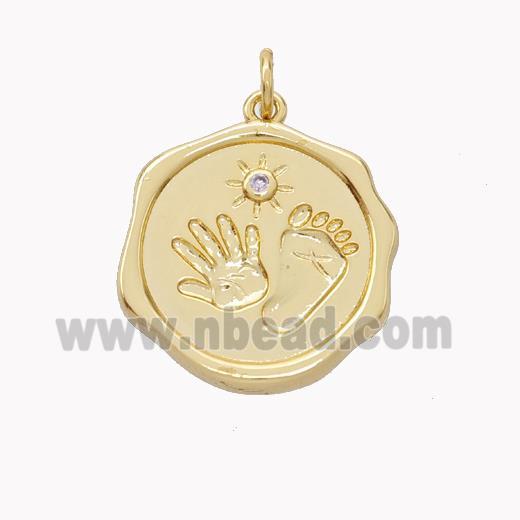 Copper Hand Footprint Pendant Pave Zirconia Circle Gold Plated