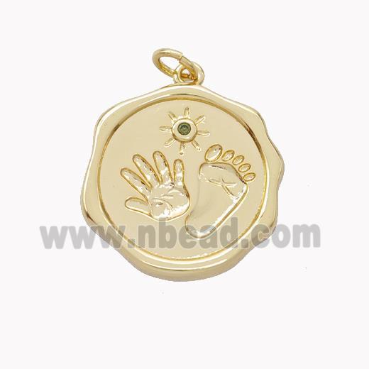 Copper Hand Footprint Pendant Pave Zirconia Circle Gold Plated