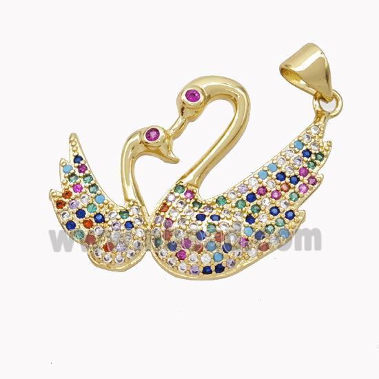 Copper Swan Pendant Pave Multicolor Zirconia Gold Plated