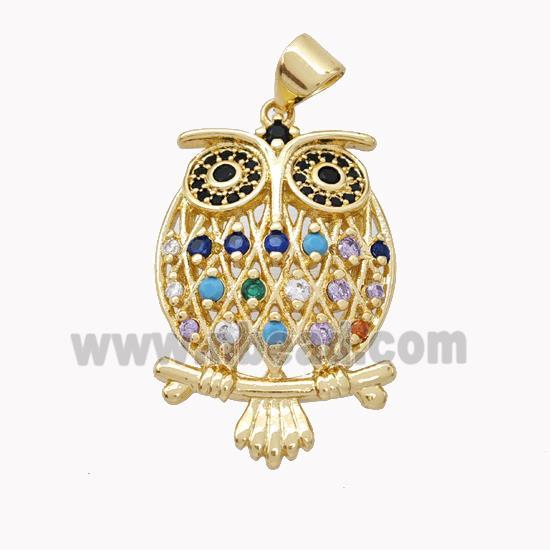 Copper Owl Pendant Pave Multicolor Zirconia Birds Gold Plated