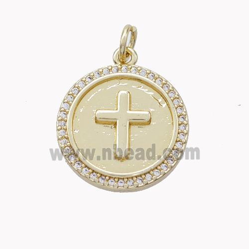 Copper Cross Coin Pendant Pave Zirconia Gold Plated