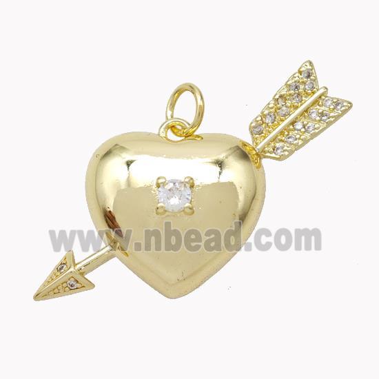 Cupid Arrow Heart Charms Copper Pendant Pave Zirconia Gold Plated