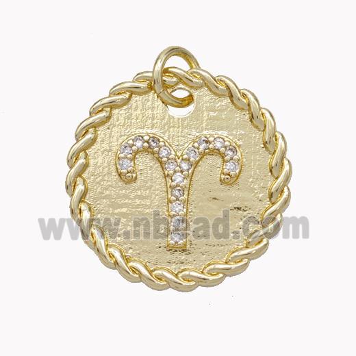 Sign Of Aries Copper Circle Pendant Pave Zirconia Zodiac Gold Plated