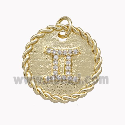 Sign Of Gemini Copper Circle Pendant Pave Zirconia Zodiac Gold Plated