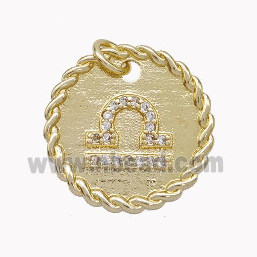 Sign Of Libra Copper Circle Pendant Pave Zirconia Zodiac Gold Plated