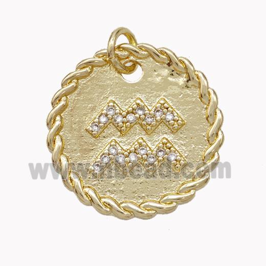 Sign Of Aquarius Copper Circle Pendant Pave Zirconia Zodiac Gold Plated