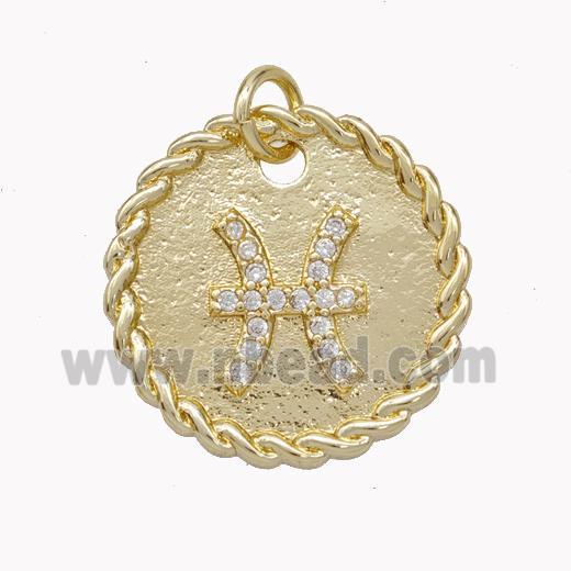 Sign Of Pisces Copper Circle Pendant Pave Zirconia Zodiac Gold Plated