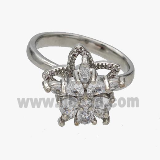 Copper Flower Rings Pave Zirconia Rotatable Adjustable Platinum Plated