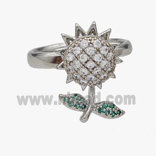 Copper Sunflower Rings Pave Zirconia Rotatable Adjustable Platinum Plated