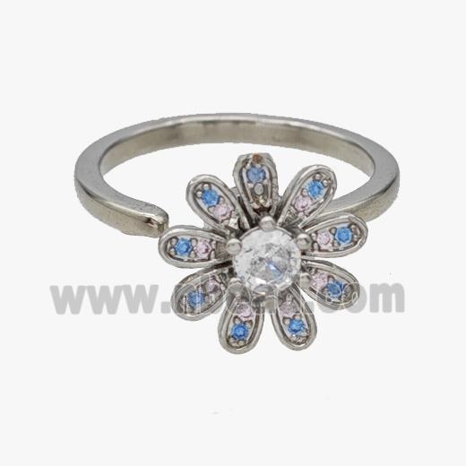 Copper Flower Rings Pave Zirconia Rotatable Adjustable Platinum Plated