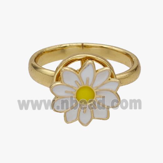 Copper Flower Rings White Enamel Rotatable Adjustable Gold Plated