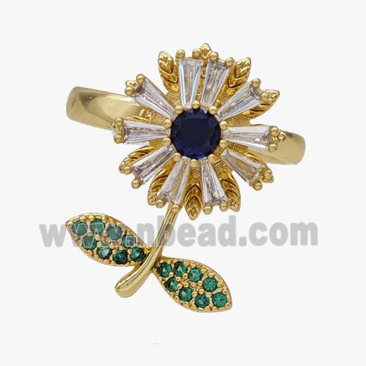 Copper Flower Rings Pave Zirconia Rotatable Adjustable Gold Plated