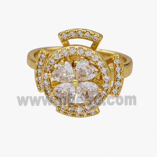 Copper Clover Rings Pave Zirconia Rotatable Adjustable Gold Plated