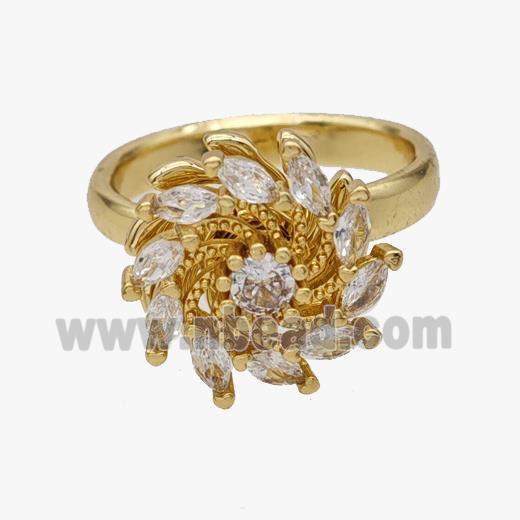 Copper Flower Rings Pave Zirconia Rotatable Adjustable Gold Plated